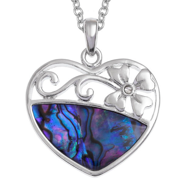 Natural Paua Shell Purple Heart and Flower Necklace