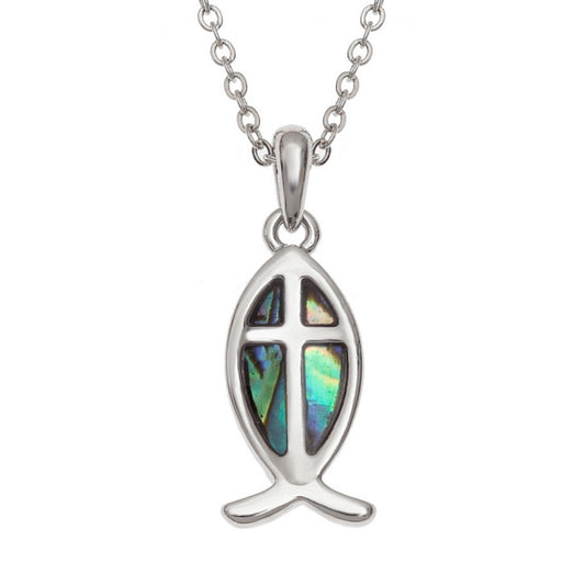 Natural Paua Shell Ichthus Fish Cross Necklace