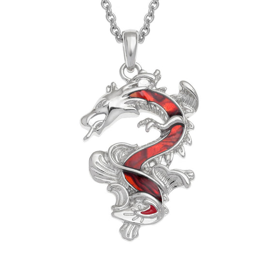 Natural Paua Shell Chinese Dragon Necklace Red