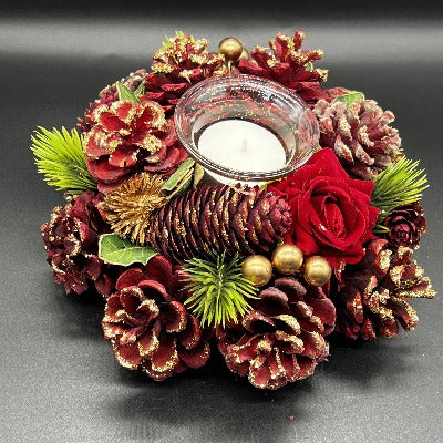 Red / Gold Christmas Wreath t-light holder